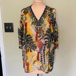 MELISSA PAIGE Multicolor Tropical Beaded Chiffon Cold Shouder Top/Beach Cover L